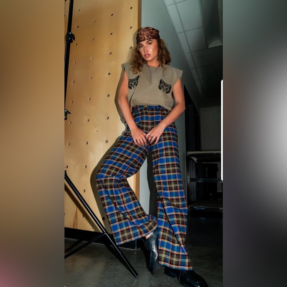 Dressed in LALA Pants - Dressed in LALA GILF Wide Leg Trousers in Blue + Brown